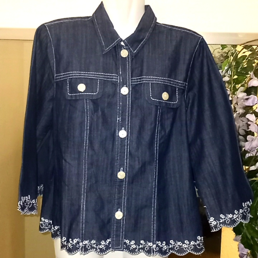 Christopher & Banks Denim Shirt with Dipped Scalloped Trim